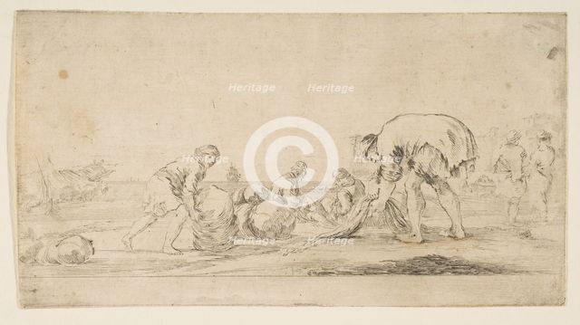 A fisherman bringing in his nets, a man at left pushing a bale to the right, two seate..., ca. 1662. Creator: Stefano della Bella.