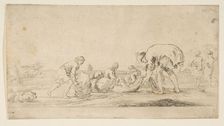 A fisherman bringing in his nets, a man at left pushing a bale to the right, two seate..., ca. 1662. Creator: Stefano della Bella