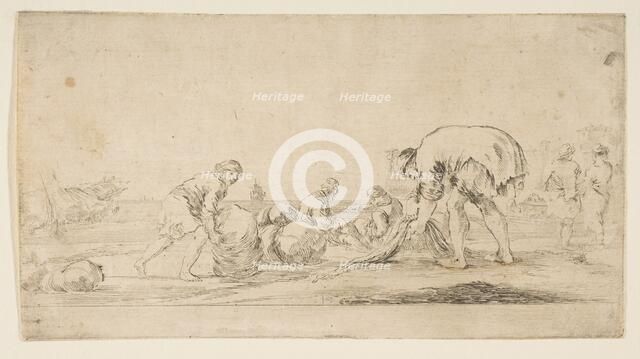 A fisherman bringing in his nets, a man at left pushing a bale to the right, two seate..., ca. 1662. Creator: Stefano della Bella.