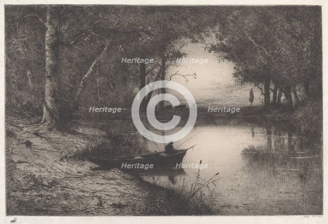 A Fisherman in a Wooded Pond at Evening, 1887. Creator: Adolphe Appian.