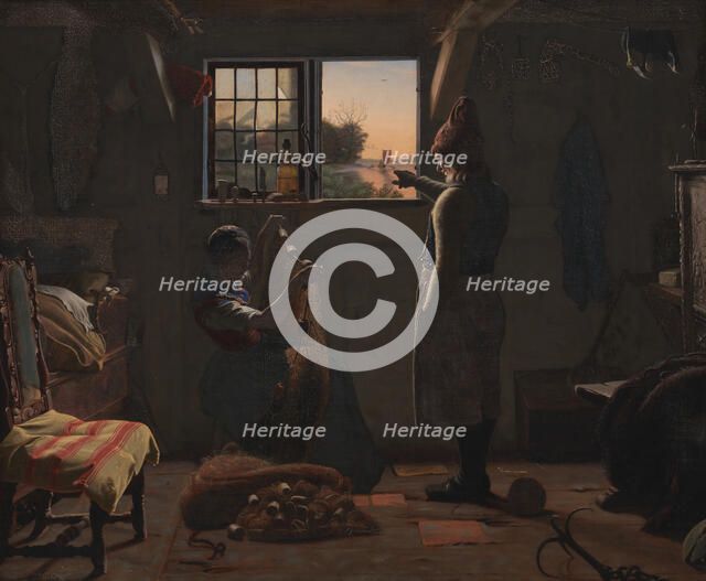 A fisherman shows his daughter a boat sailing away, 1854. Creator: Christen Dalsgaard.