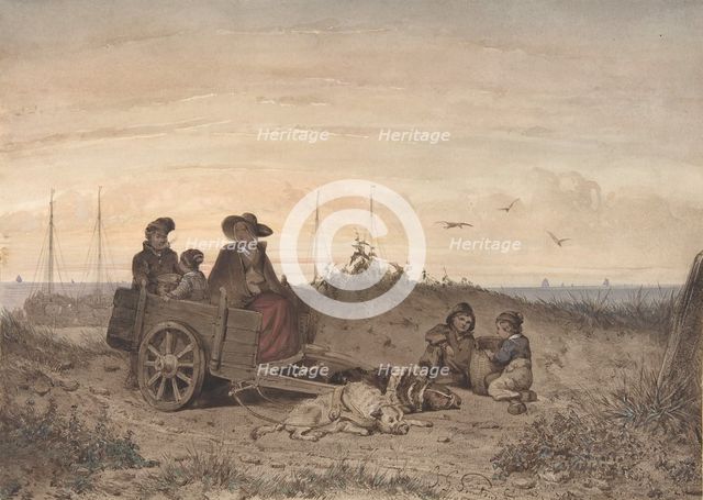 A Fisherman's Family at the Beach, the Mother and One of the Children Sitting in a Cart, 1855. Creator: Jan Gerard Smits.