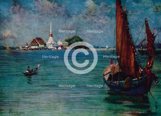 'A Fishing Boat Off the Island Pagoda of Paknam', 1913. Artist: Edwin Norbury.