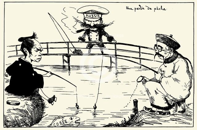 A fishing trip. Caricature about the dispute between China, Japan and Russia over Korea, 1887. Creator: Bigot, Georges (1860-1927).