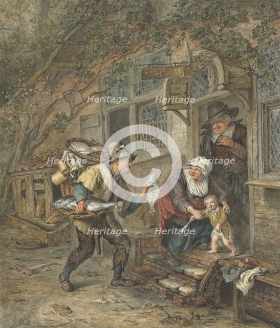 A fishmonger offers plaice to a schoolmaster and his family, 1763-1826. Creator: Abraham van Strij.