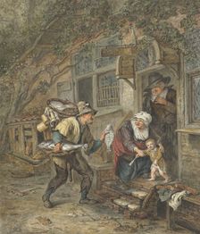 A fishmonger offers plaice to a schoolmaster and his family, 1763-1826. Creator: Abraham van Strij
