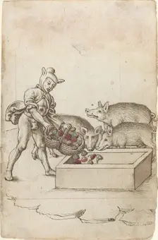 A Fool Feeding Flowers to Swine [fol. 42 recto], c. 1512/1515. Creator: Unknown