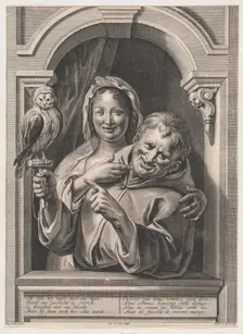 A Fool with an Owl and a Woman at a Window, 17th century. Creator: Pieter de Jode II