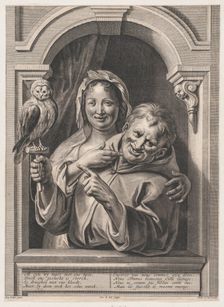 A Fool with an Owl and a Woman at a Window, 17th century. Creator: Pieter de Jode II