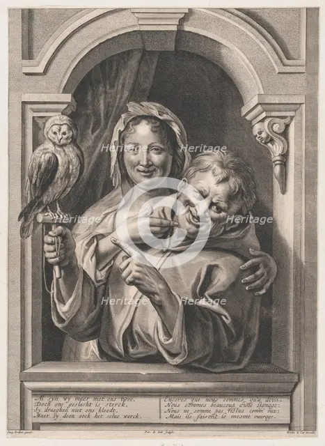 A Fool with an Owl and a Woman at a Window, 17th century. Creator: Pieter de Jode II.