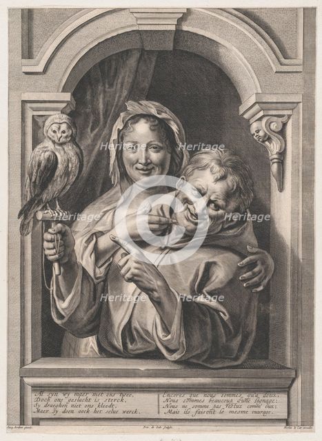 A Fool with an Owl and a Woman at a Window, 17th century. Creator: Pieter de Jode II.