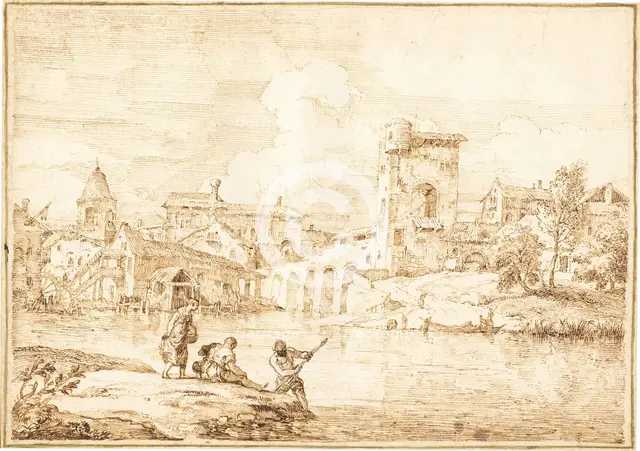 A Fortified Village along a River, 1727/1729. Creator: Marco Ricci.