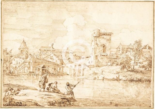 A Fortified Village along a River, 1727/1729. Creator: Marco Ricci.