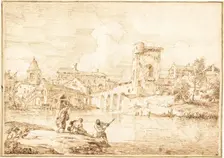 A Fortified Village along a River, 1727/1729. Creator: Marco Ricci
