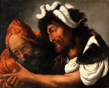 A fortune-teller reading the palm of a soldier, 1600-1699. Creator: Pietro della Vecchia