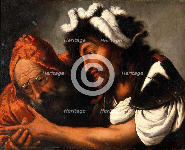 A fortune-teller reading the palm of a soldier, 1600-1699. Creator: Pietro della Vecchia.