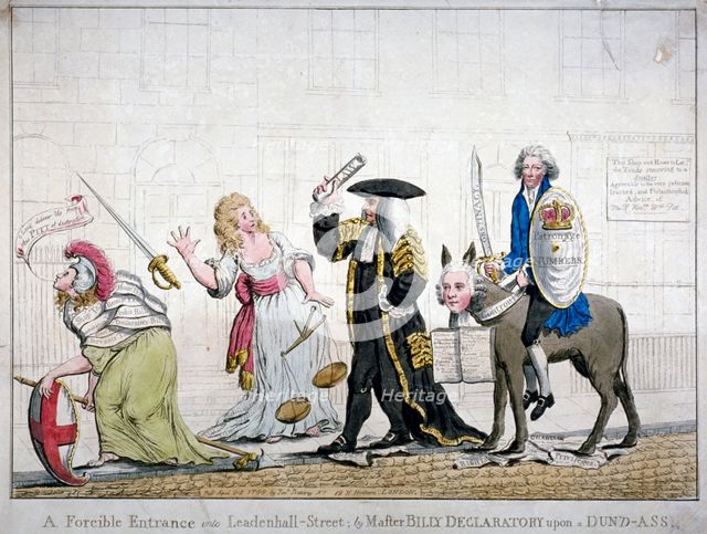 'A forcible entrance into Leadenhall-Street; by Master Billy Declaratory upon a Dun'd-ass', 1788. Artist: Anon
