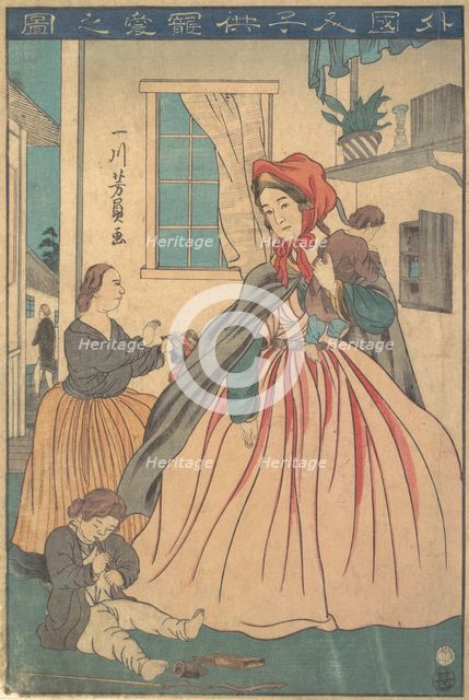A Foreigner Enjoying Her Children, 1860 (10th month). Creator: Yoshikazu.
