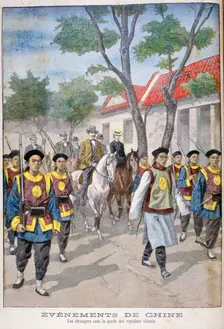 A foreigner under the guard of regular Chinese army, China, 1900. Artist: Oswaldo Tofani