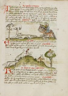 A Fox Threatening a Bird Perched on a Wayside Cross and Two Horsemen..., third quarter of 15th cent. Creator: Unknown
