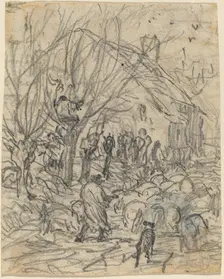 A Flock of Sheep before a Farmhouse. Creator: Theodore Rousseau