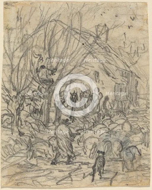 A Flock of Sheep before a Farmhouse. Creator: Theodore Rousseau.