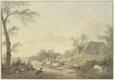 A flock of sheep by a path near farmhouses, 1803. Creator: Abraham Teerlink