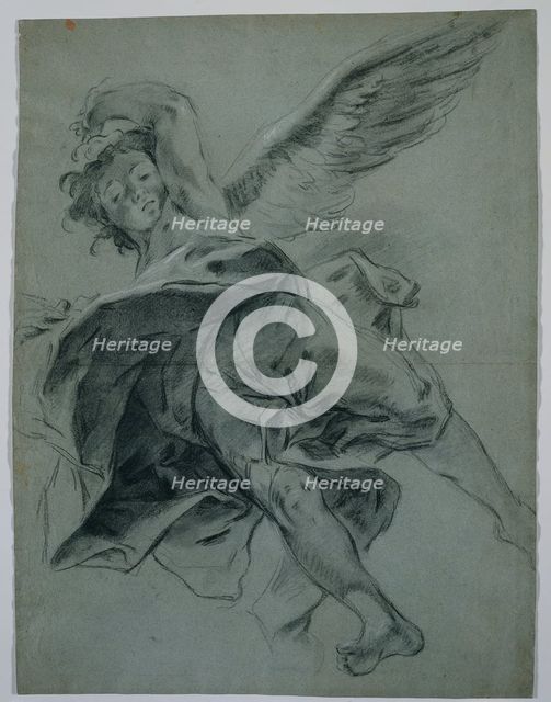 A Flying Angel (recto); Studies of Hands Playing Instruments (verso), 1723-1727. Creator: Giovanni Battista Piazzetta (Italian, 1682-1754).