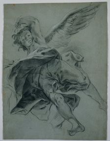 A Flying Angel (recto); Studies of Hands Playing Instruments (verso), 1723-1727. Creator: Giovanni Battista Piazzetta (Italian, 1682-1754)