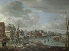 A Frozen River near a Village, with Golfers and Skaters, c. 1647-1648. Artist: Neer, Aert, van der (1603-1677)