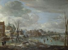 A Frozen River near a Village, with Golfers and Skaters, c. 1647-1648. Artist: Neer, Aert, van der (1603-1677)