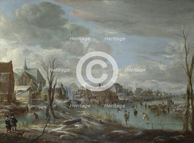 A Frozen River near a Village, with Golfers and Skaters, c. 1647-1648. Artist: Neer, Aert, van der (1603-1677)