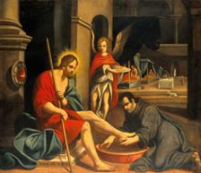 A Franciscan friar washing Christ's feet in a hospital, 18th century. Creator: Unknown