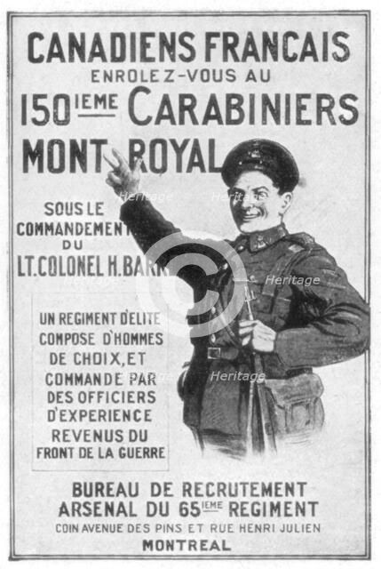A French Canadian army recruitment poster, 1914. Artist: Unknown