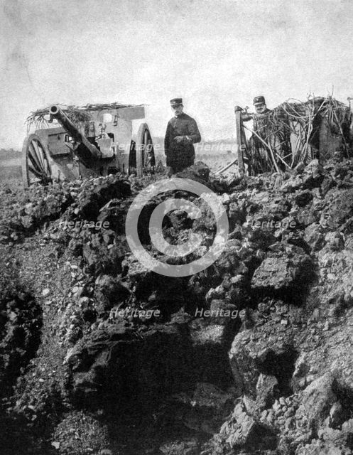 A French battery of the 75th has a narrow escape, World War I, 1915. Artist: Unknown