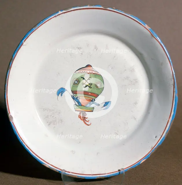 A French faience plate with aeronauts with flags, 1785. Artist: Unknown