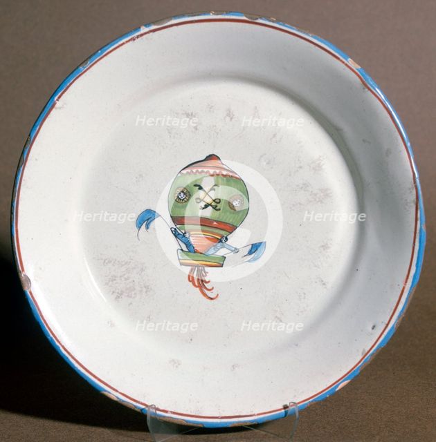 A French faience plate with aeronauts with flags, 1785. Artist: Unknown