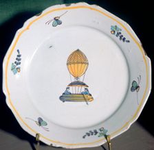 A French faience plate depicting Jean-Pierre Blanchard's balloon trip