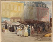 A French Market Scene, possibly Boulogne, 1829 or 1832. Creator: David Cox the elder