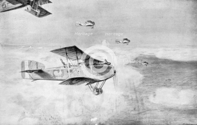 A French squadron of daytime bombers above a sea of clouds, 1918, (1926).Artist: Etienne Cournault