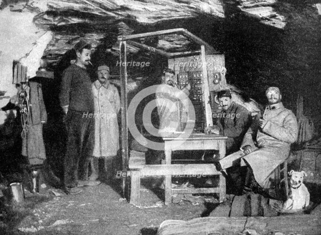 A French telephone post in a cave, France, World War I, 1915. Artist: Unknown
