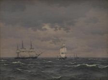 A Frigate Reefing Sails in a Freshening Wind and some other Ships, 1836. Creator: CW Eckersberg