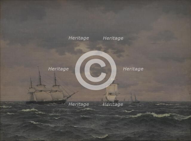 A Frigate Reefing Sails in a Freshening Wind and some other Ships, 1836. Creator: CW Eckersberg.