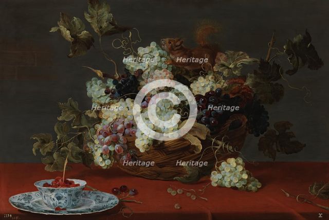 A fruit still life with a basket of grapes and a squirrel on a table, between 1600 and 1657. Creator: Frans Snyders.
