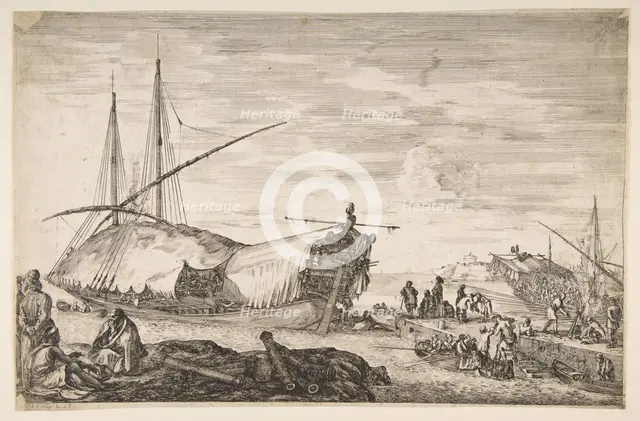 A galley covered in sails to left, six cannons and four people to left in foreground, one ..., 1655. Creator: Stefano della Bella.