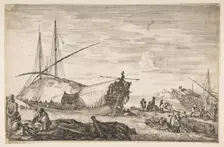 A galley covered in sails to left, six cannons and four people to left in foreground, one ..., 1655. Creator: Stefano della Bella