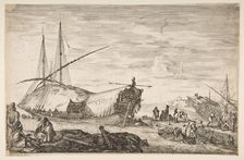 A galley covered in sails to left, six cannons and four people to left in foreground, one ..., 1655. Creator: Stefano della Bella