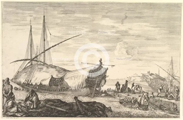 A galley covered in sails to left, six cannons and four people to left in foregroun..., ca. 1652-57. Creator: Stefano della Bella.