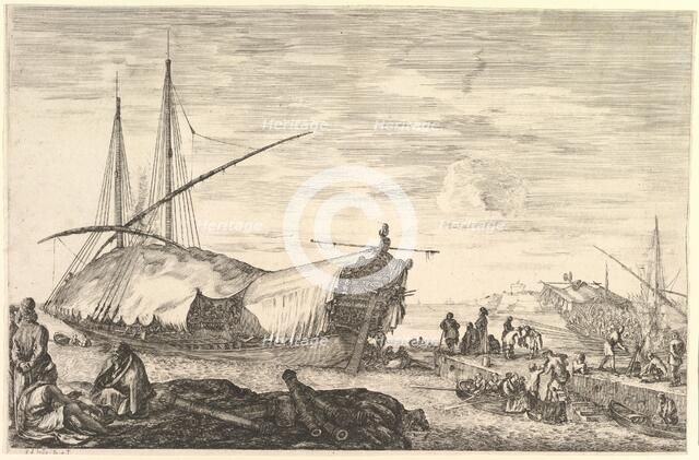 A galley covered in sails to left, six cannons and four people to left in foregroun..., ca. 1652-57. Creator: Stefano della Bella.
