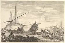 A galley covered in sails to left, six cannons and four people to left in foregroun..., ca. 1652-57. Creator: Stefano della Bella